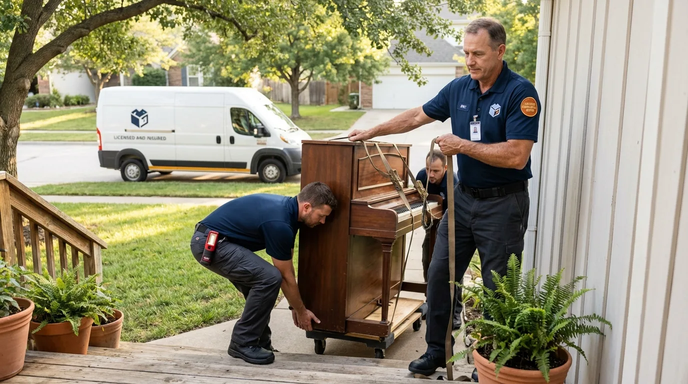 Licensed piano movers securing grand piano in Onalaska, WI