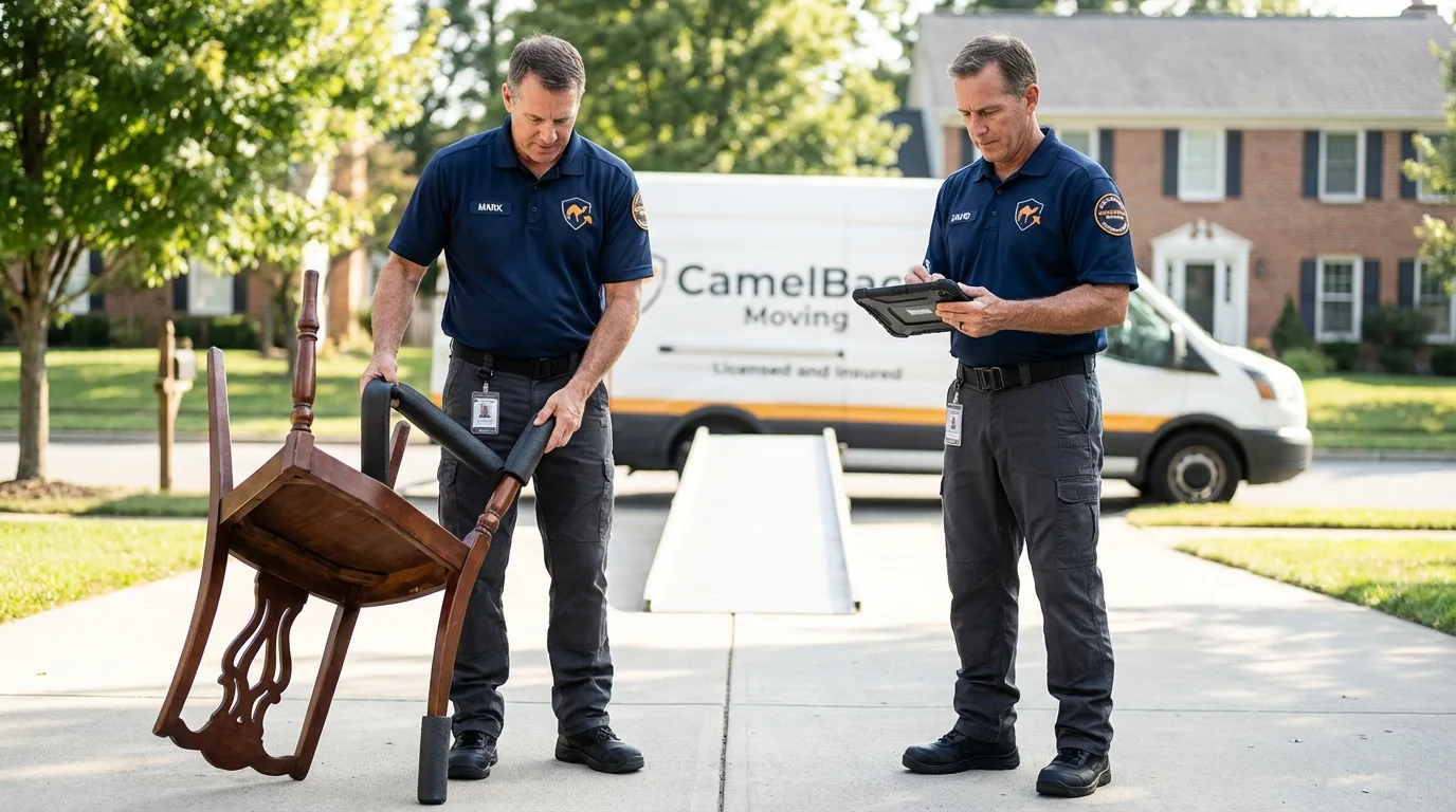 Movers inspecting furniture for damage prevention before loading in Onalaska, WI