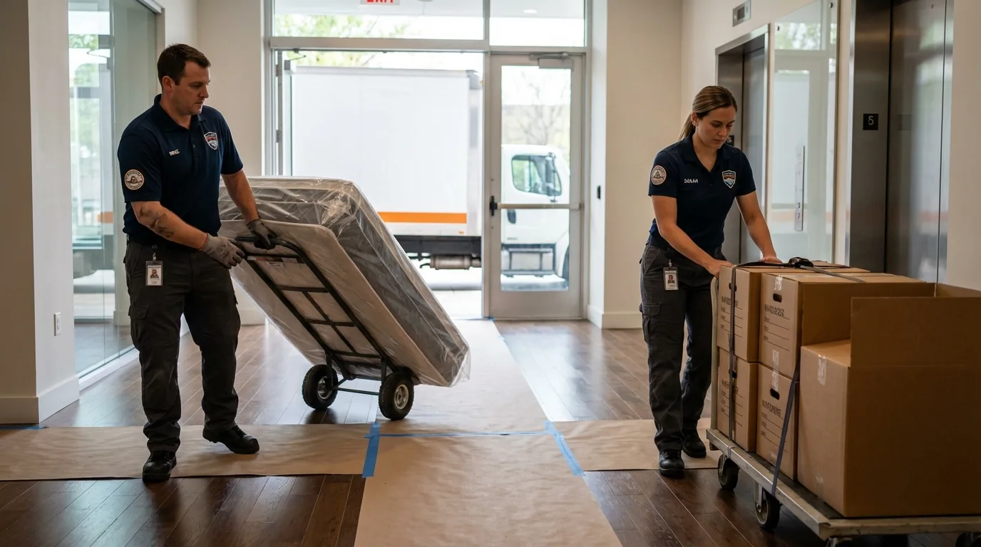 Professional apartment movers loading elevator in Onalaska, WI